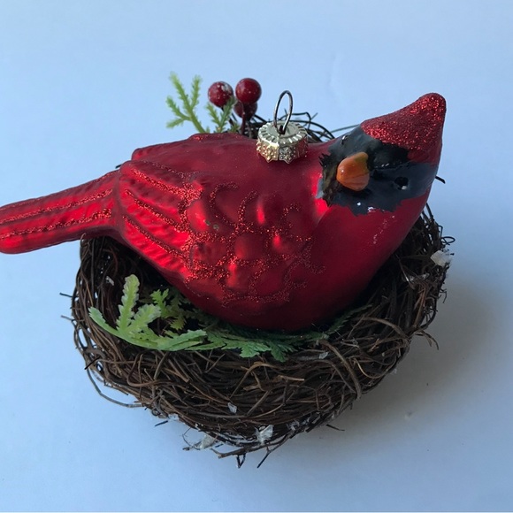 Red Glass Cardinal in nest Christmas Ornament - Picture 2 of 3